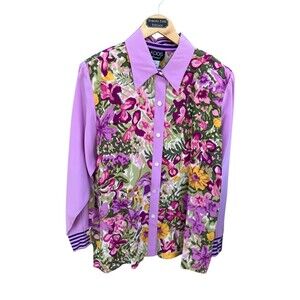 KOOS Women's Vintage Career Office Blouse 100% Silk Floral Purple Large NEW